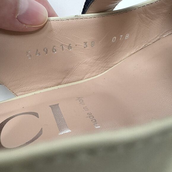 Gucci Malaga Kid Cream Web Stripe Horsebit Low Kitten Heel Slingback Pumps EU 38 - Picture 8 of 11